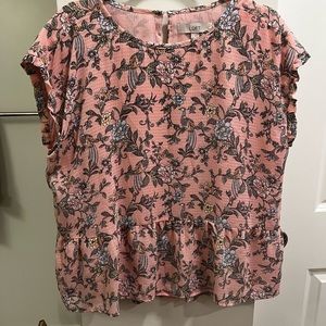 LOFT Pink Floral & Bird Print Peplum Top, Size L